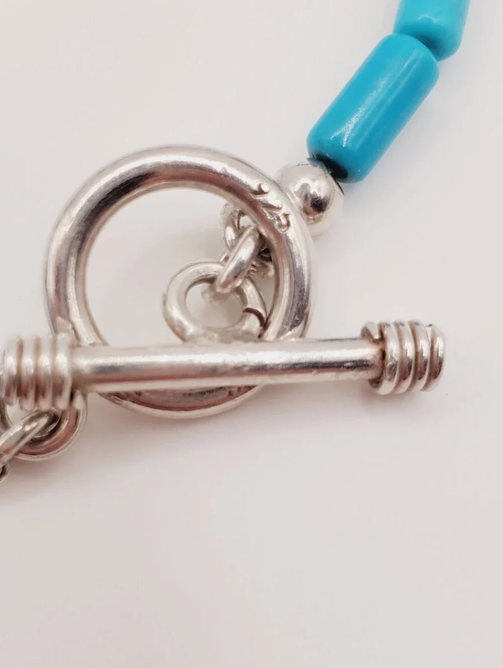 Genuine Turquoise 925 Sterling Silver Bead Bracelet With Toggle Clasp